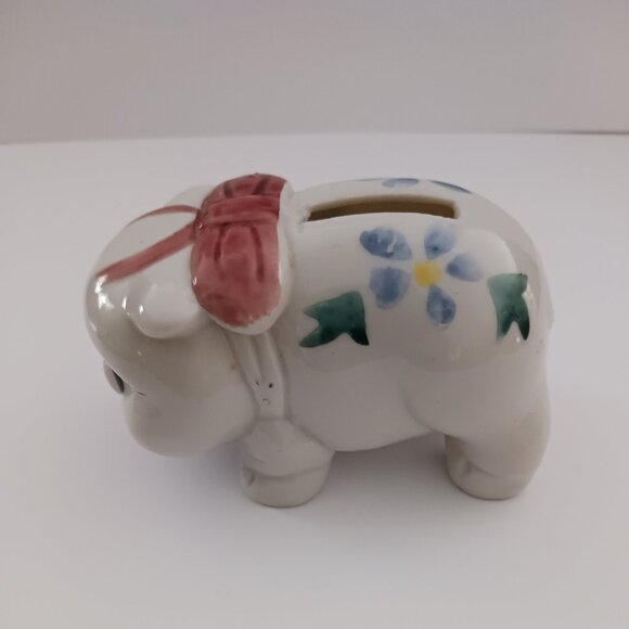 Vintage Hand Painted Ceramic Three Little Piggy Banks White w/Hat Flowers - Picture 4 of 4